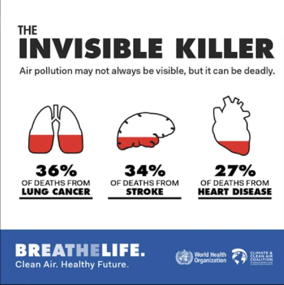 A graphic about air pollution from The World Health Organization says "The invisible killer" with pictures.