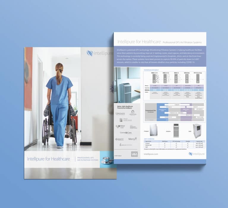 The front and back of an info sheet about Intellipure for healthcare are displayed with full graphics, an explanation of DFS technology, and other information.