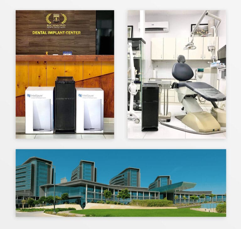 One image shows three Intellipure air purifiers, another image is the inside of a dentist's office, and the bottom image shows the outside of a medical center.