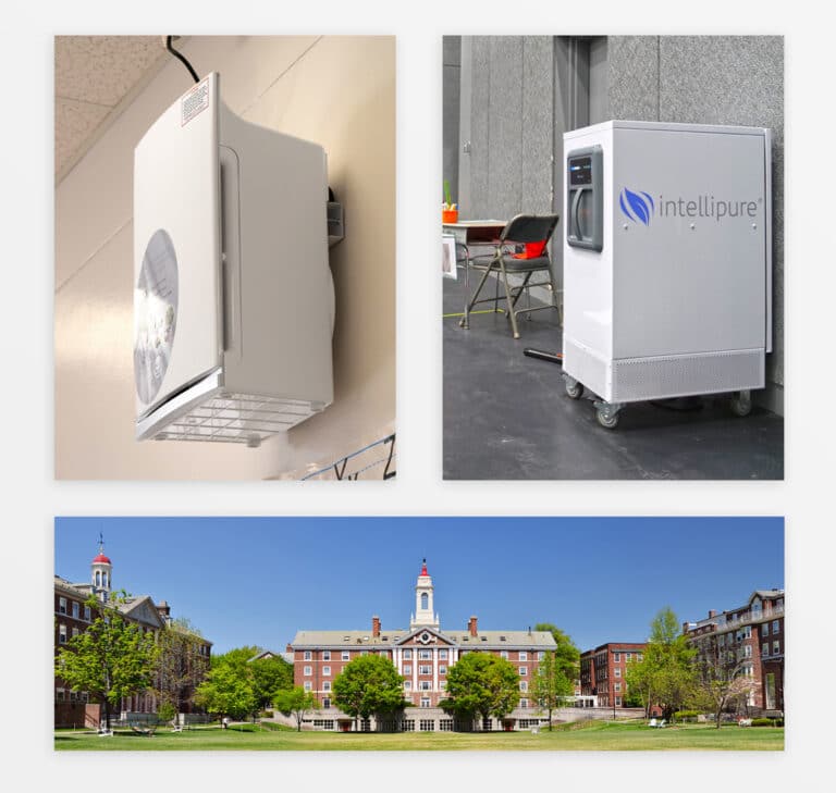 There are three images. Two show installed Intellipure air purification units and the other is of the building where they are used.