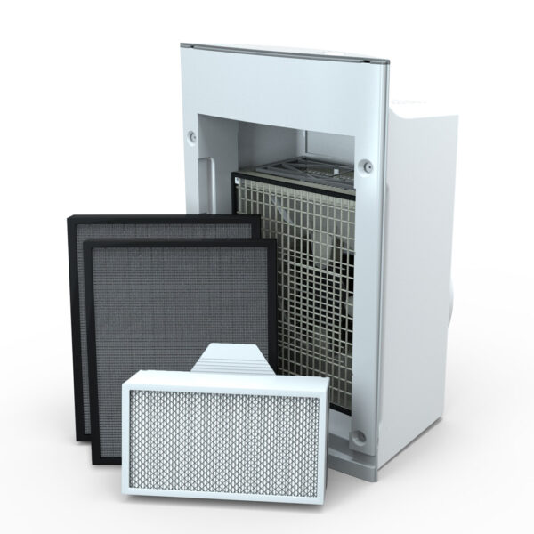 A deconstructed Intellipure Compact Air Purifier is on display with its three internal filters resting against it.